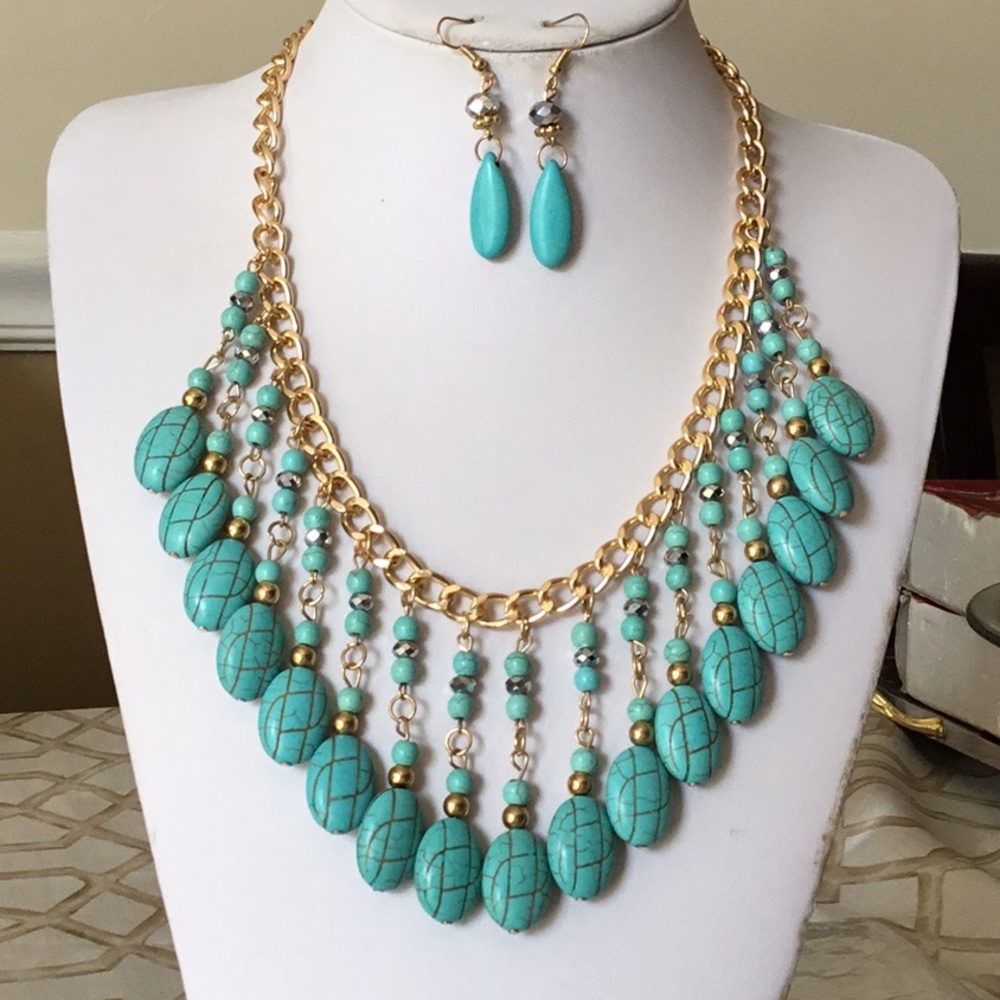 Turquoise Stone Cracked Look Drops Necklace